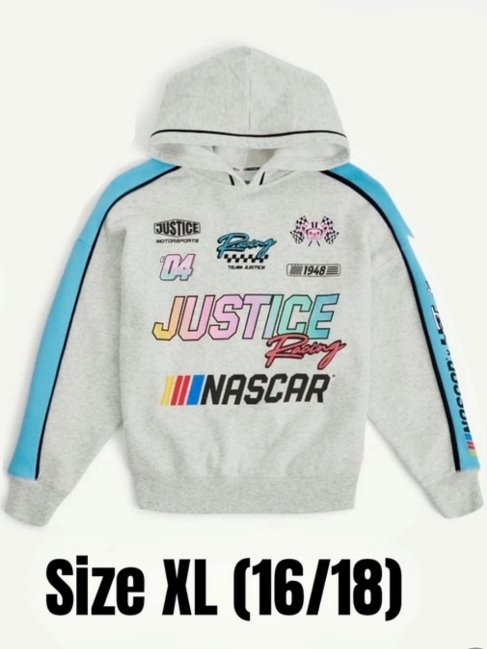 Justice NASCAR Racing hoodie Girls XL (16/18) Gray & Blue